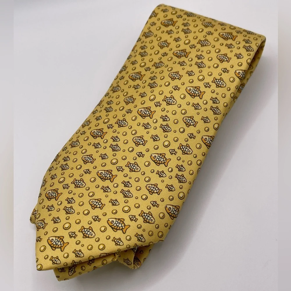 Hermes Paris Tie 100% Silk Fish Pattern Elegant Luxury Formal